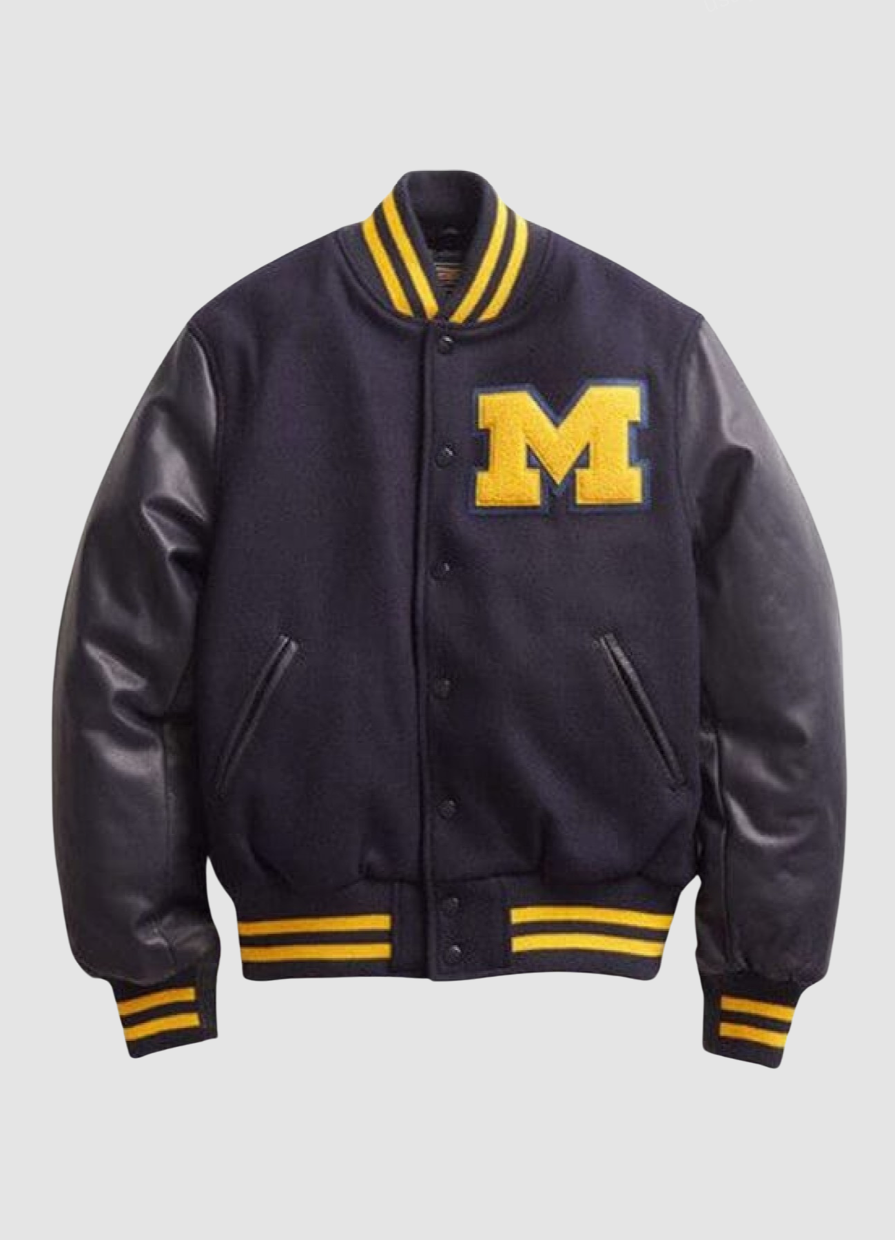 NFL Michigan Black Wool and Black Leather Sleeve Letterman Varsity Bomber Jacket with M-Patch Michigan Black Jacket