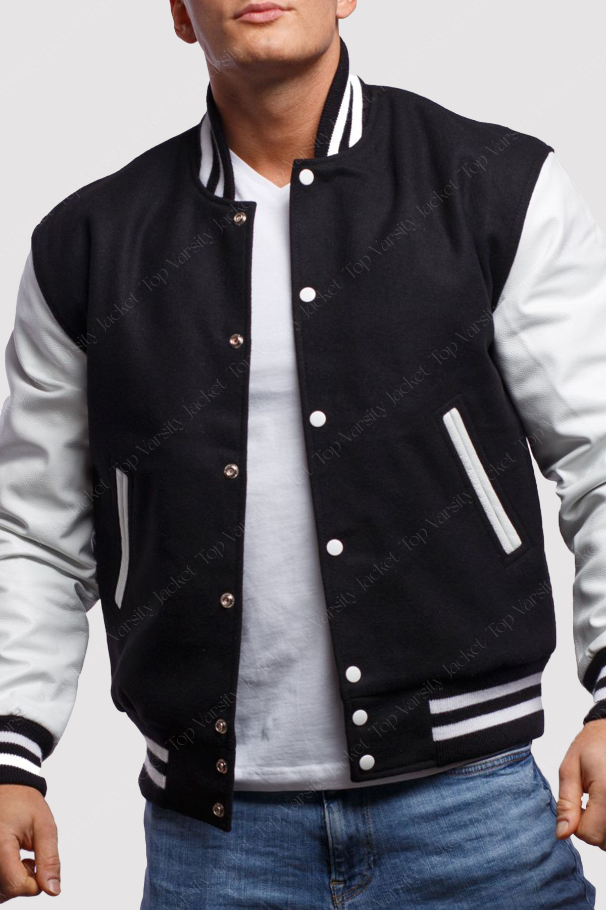 Black Wool Body White Leather Sleeves Varsity Jacket White Leather Sleeves Varsity