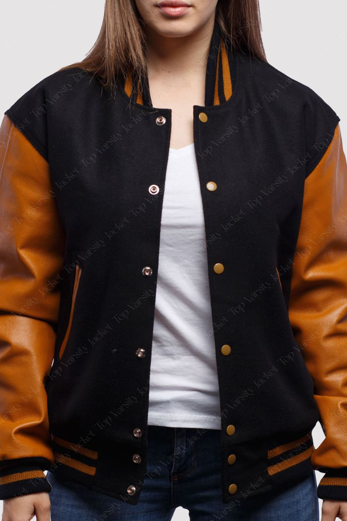 Black Wool Body Gold Leather Sleeves Varsity Jacket Gold Sleeves Varsity Jacket