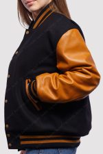 Black Wool Body Gold Leather Sleeves Varsity Jacket - Image 2