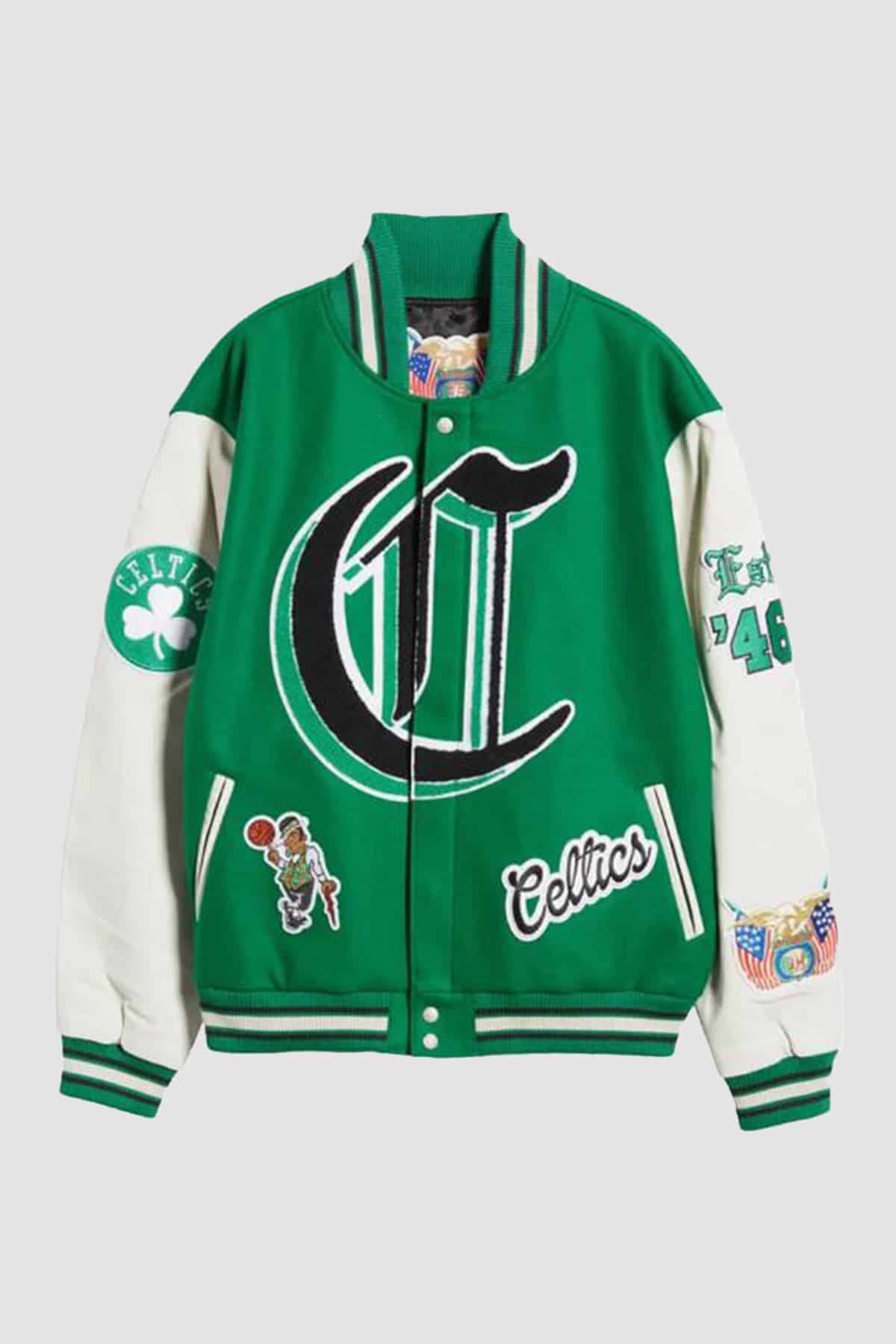 NBA Boston Celtics Block Letter Wool Blend Varsity Jacket Boston Celtics Green Jacket