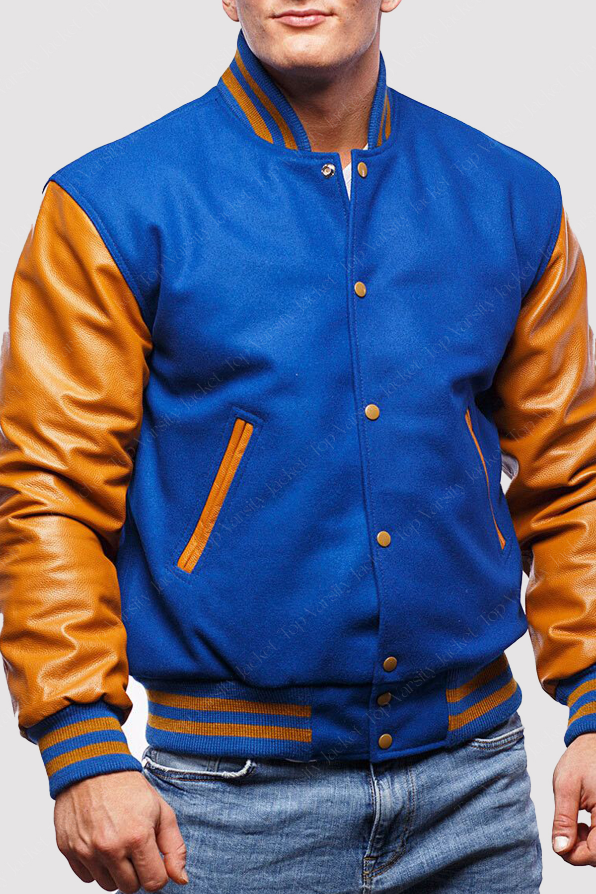 Bright Royal Wool Body Old Gold Leather Sleeves Varsity Jacket Royal Blue Varsity Jacket