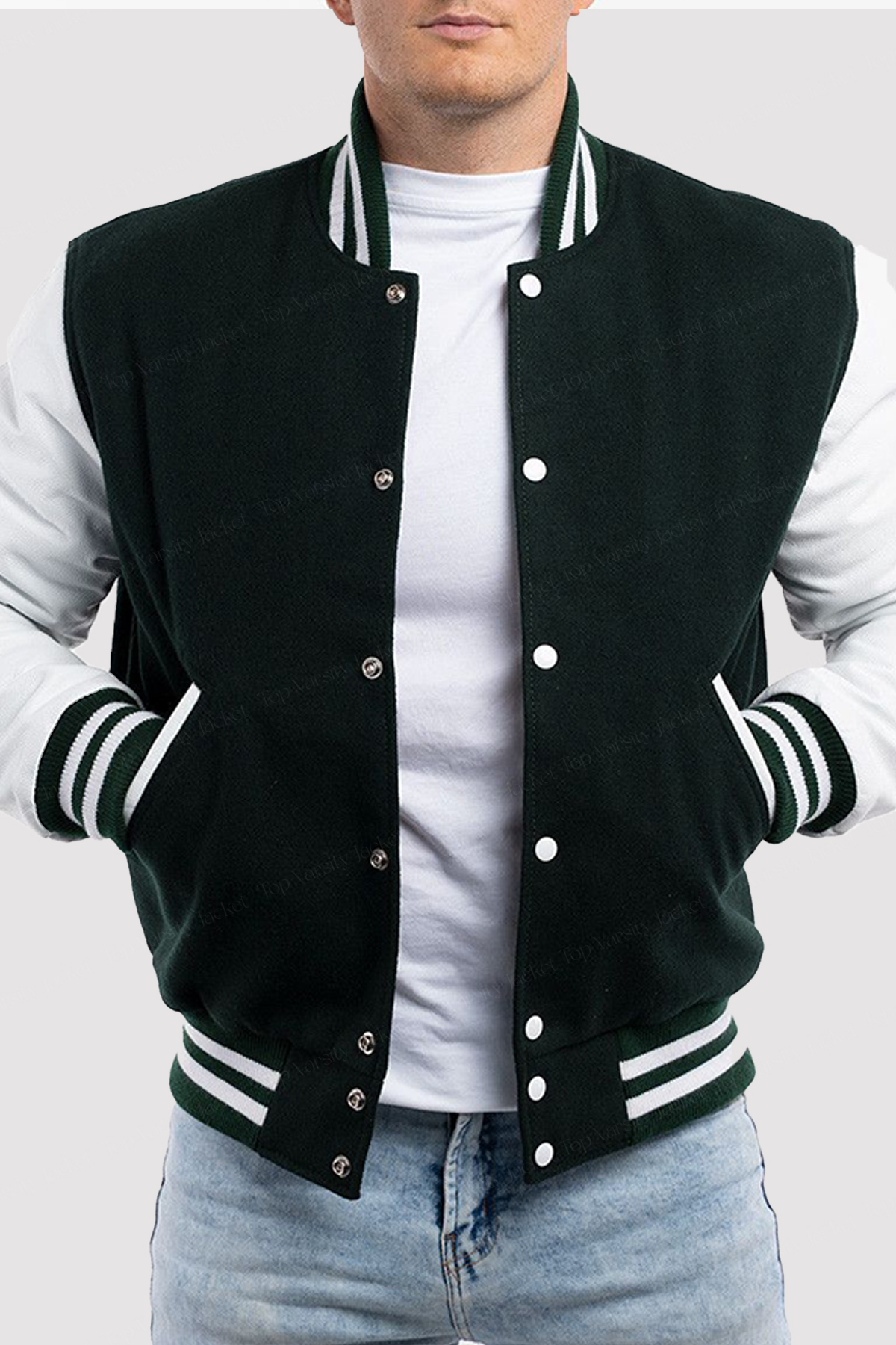 Dartmouth Green Wool Body White Sleeves Varsity Jacket Dark Green Varsity Jacket