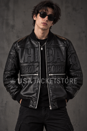 Hood By Air Bomber Style Embossed Leather Hockey Jacket