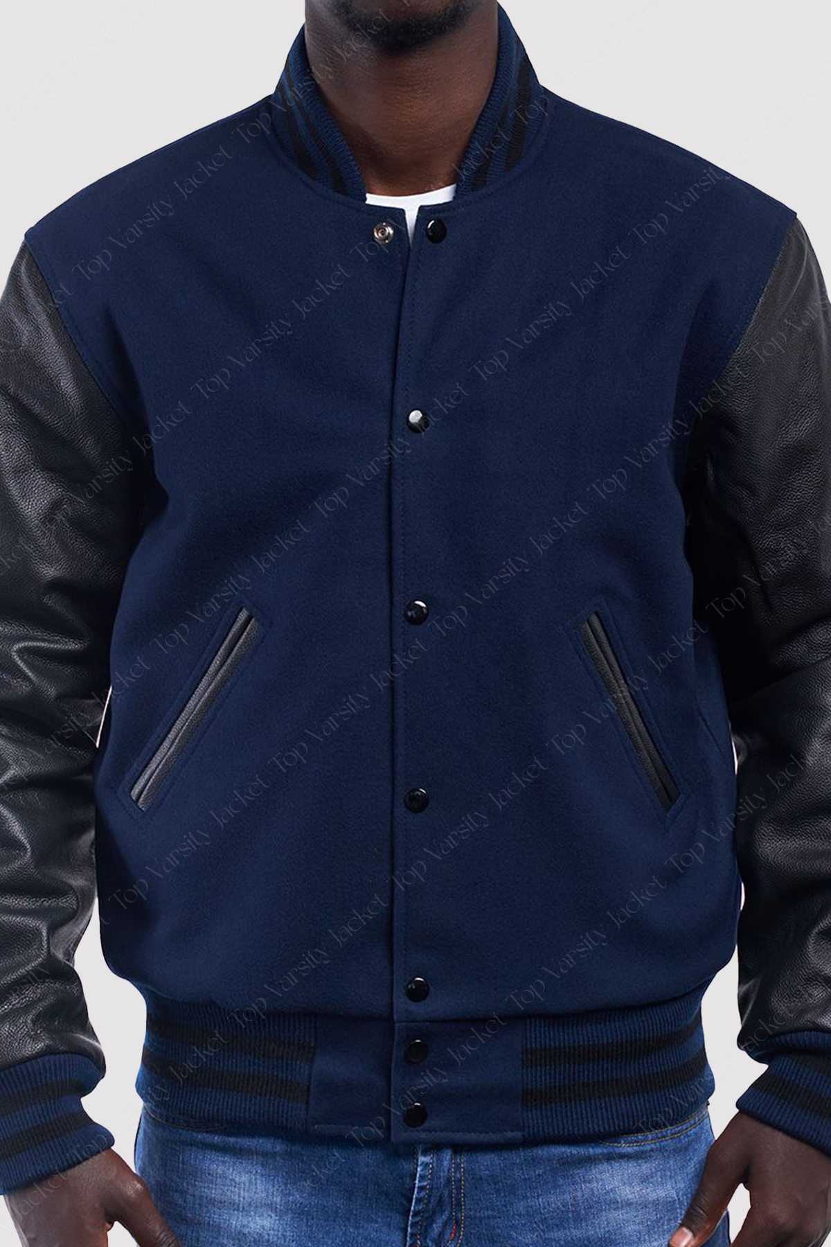 Navy Blue Wool Body Black Leather Sleeves Varsity Jacket Navy Blue And Black Jacket