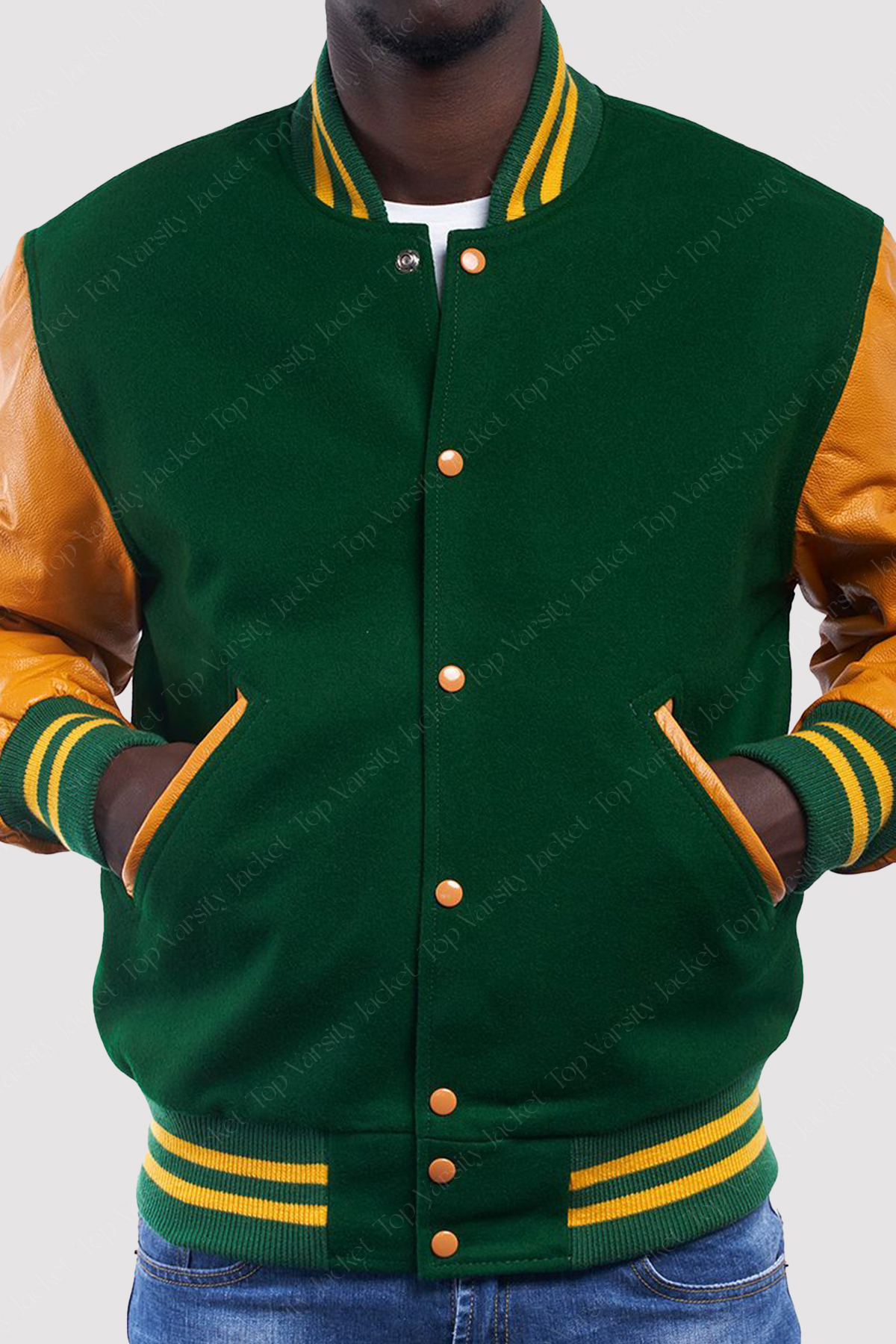 Kelly Green Wool Body Bright Gold Sleeves Varsity Jacket Green Wool Varsity Jacket