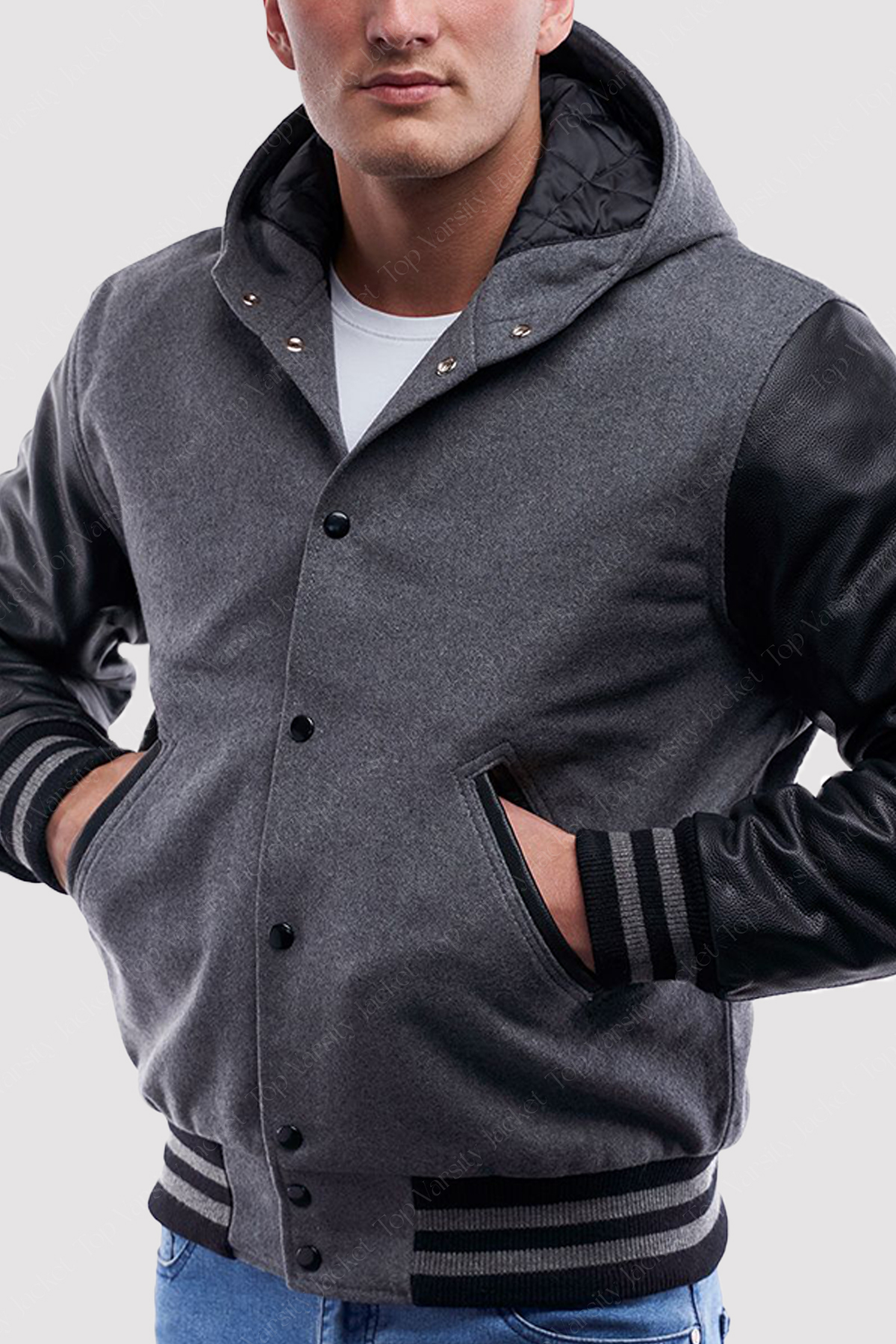 Light Grey Wool Body Black Sleeves Hoodie Varsity Jacket 2 Grey Hoodie Varsity Jacket