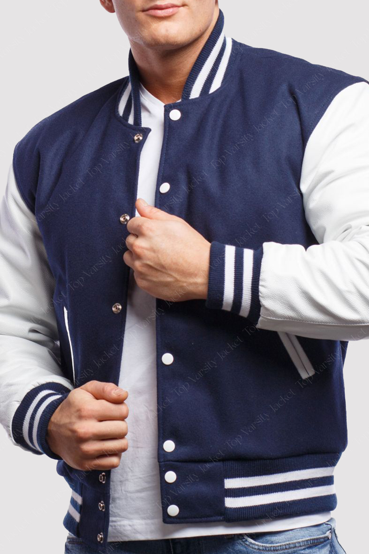 Royal Blue Wool Body Bright White Leather Sleeves Varsity Jacket Blue and White Varsity Jacket