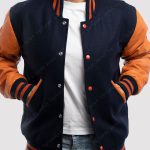 Navy Blue with Orange Sleeves Varsity Jacket