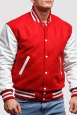 Red Wool With White Leather Sleeves Varsity Jacket