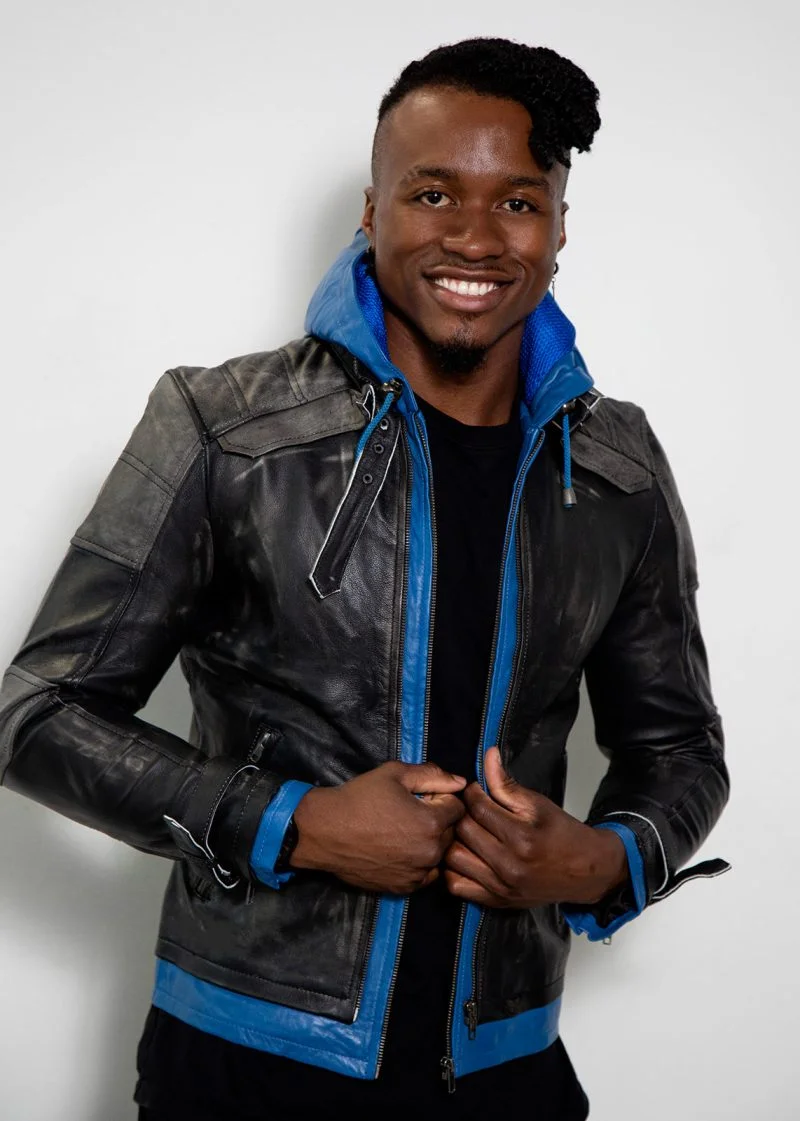 Black Leather Blue Hooded Jacket Black And Blue Hooded Jacket