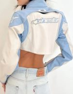 Sabrina Carpenter Moto Baby Blue Leather Jacket - Image 4