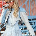Sabrina Carpenter Moto Baby Blue Leather Jacket