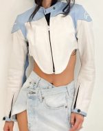 Sabrina Carpenter Moto Baby Blue Leather Jacket - Image 3