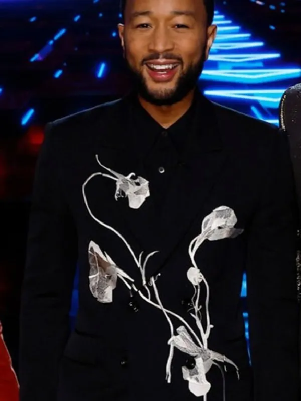 The-Voice-S25-John-Legend-Black-Double-Breasted-Floral-Blazer John Legend the Voice S25 Black Floral Blazer - Image 1