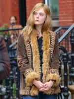 A COMPLETE UNKNOWN ELLE FANNING BROWN FUR SUEDE JACKET