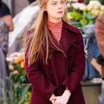 A COMPLETE UNKNOWN ELLE FANNING MAROON PEA COAT