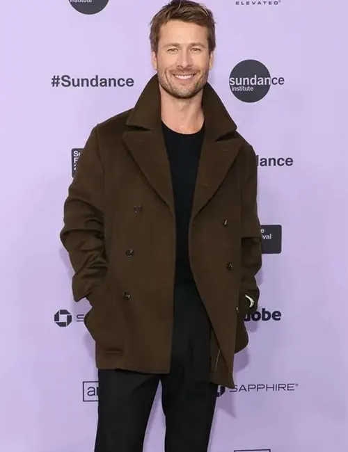 Hit-Man-2024-Glen-Powell-Green-Wool-Peacoat Hit Man 2024 Glen Powell Wool Peacoat - Image 1