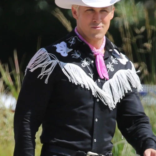 barbie-ryan-gosling-black-fringe-shirt-01 Barbie Ryan Gosling Black Fringe Shirt - Image 1
