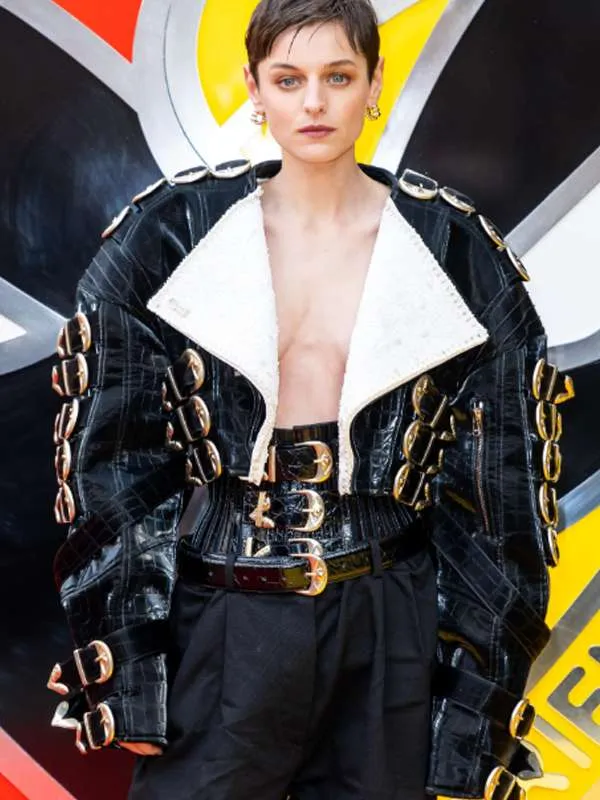 emma-corrin-deadpool-and-wolverine-shearling-black-leather-jacket Emma Corrin Deadpool & Wolverine Shearling Black Leather Jacket - Image 1