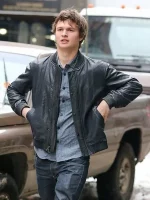 Ansel Elgort Black Bomber Leather Jacket