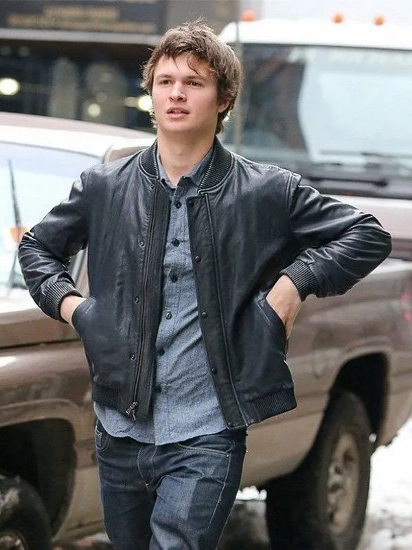 88.ansel-elgort-black-bomber-leather-jacket Ansel Elgort Black Bomber Leather Jacket - Image 1