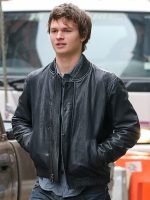 Ansel Elgort Black Bomber Leather Jacket - Image 2