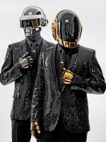 Daft Punk Costume – Premium black and gold costume with shimmering sequins, lapel collar, and open cuffs from USA Jacket Store.