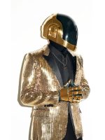 Daft Punk Costume – Premium black and gold costume with shimmering sequins, lapel collar, and open cuffs from USA Jacket Store.