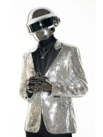 Daft Punk Costume – Premium black and gold costume with shimmering sequins, lapel collar, and open cuffs from USA Jacket Store.