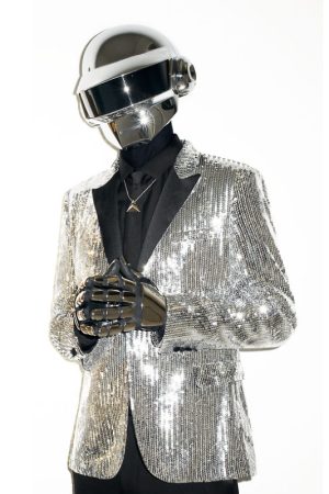 Daft Punk Costume – Premium black and gold costume with shimmering sequins, lapel collar, and open cuffs from USA Jacket Store.