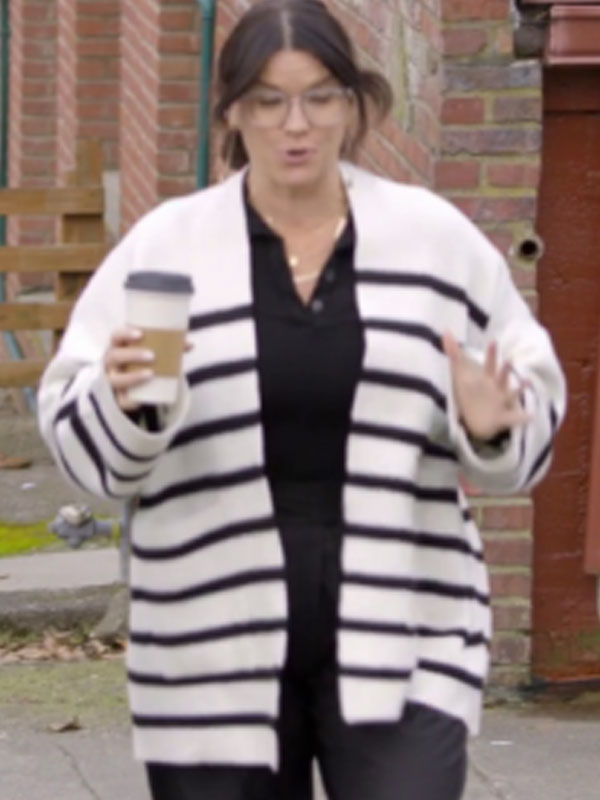 128unsellable-houses-s05-lyndsay-lamb-white-striped-cardigan. Unsellable Houses S05 Lyndsay Lamb White Striped Cardigan - Image 1