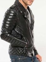 Mens Black Padded Motorcycle Leather Jacket - Image 2