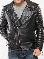 Mens Black Padded Motorcycle Leather Jacket