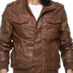 Mens Four Pockets Bomber Brown Leather Jacket