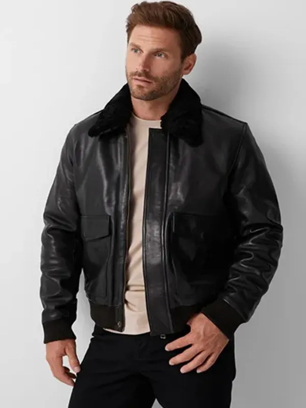 38mens-sherpa-collar-black-bomber-jacket. Mens Sherpa Collar Black Bomber Jacket - Image 1