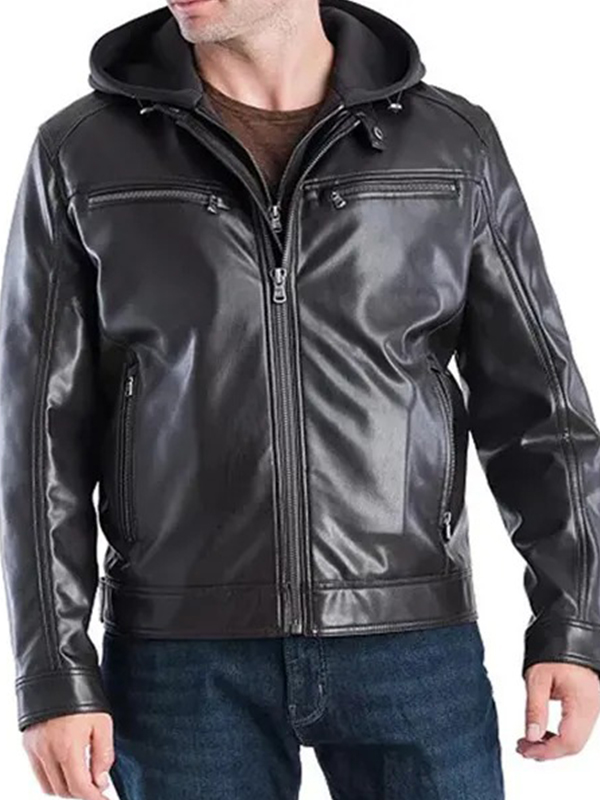 39mens-sherpa-collar-black-bomber-jacket. Mens Shine Black Hooded Leather Jacket - Image 1