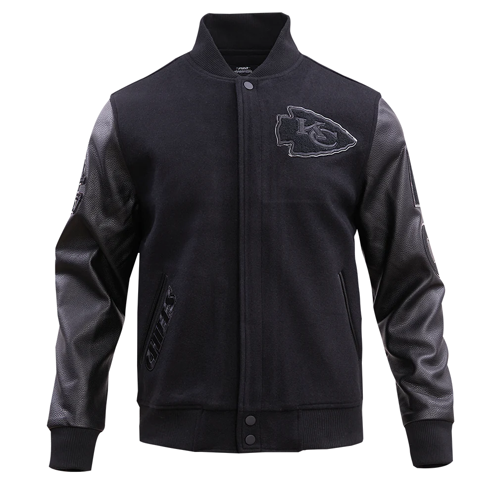 kansas-city-chiefs-triple-black-logo-varsity-jacket-01 Kansas City Chiefs Triple Black Logo Varsity Jacket - Image 1
