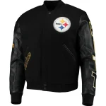 Pittsburgh Steelers Logo Black Zipper Wool & leather Varsity Jacket