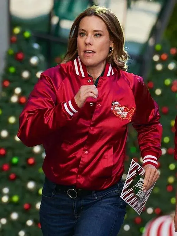 Jingle-Bell-Run-Ashley-Williams-Red-Bomber-Jacket-1 Ashley Williams Jingle Bell Run 2024 Varsity Jacket - Image 1