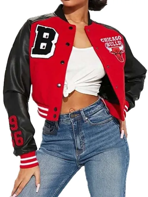 chicago-bulls-red-black-cropped-varsity-jacket-01 Chicago Bulls Red & Black Cropped Varsity Jacket - Image 1