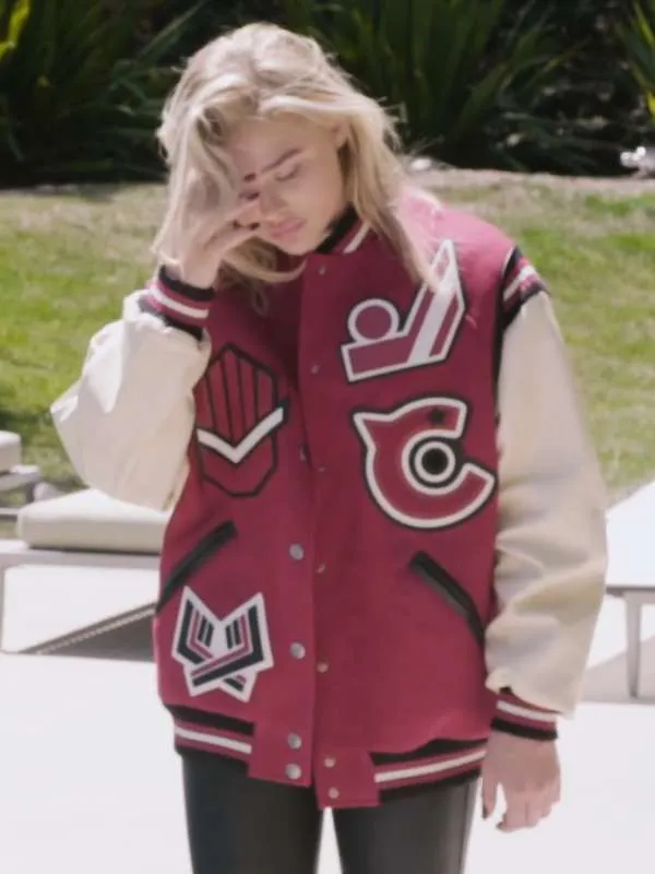 chloe-grace-moretz-red-and-white-varsity-jacket-01 Chloë Grace Moretz Red and White Varsity Jacket - Image 1