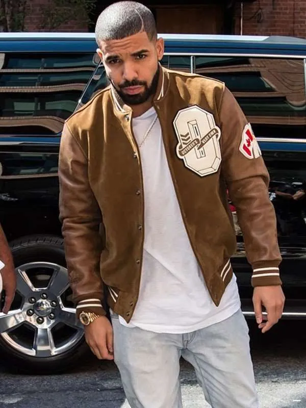 drake-brown-suede-varsity-jacket-01 Drake Brown Suede Varsity Jacket - Image 1