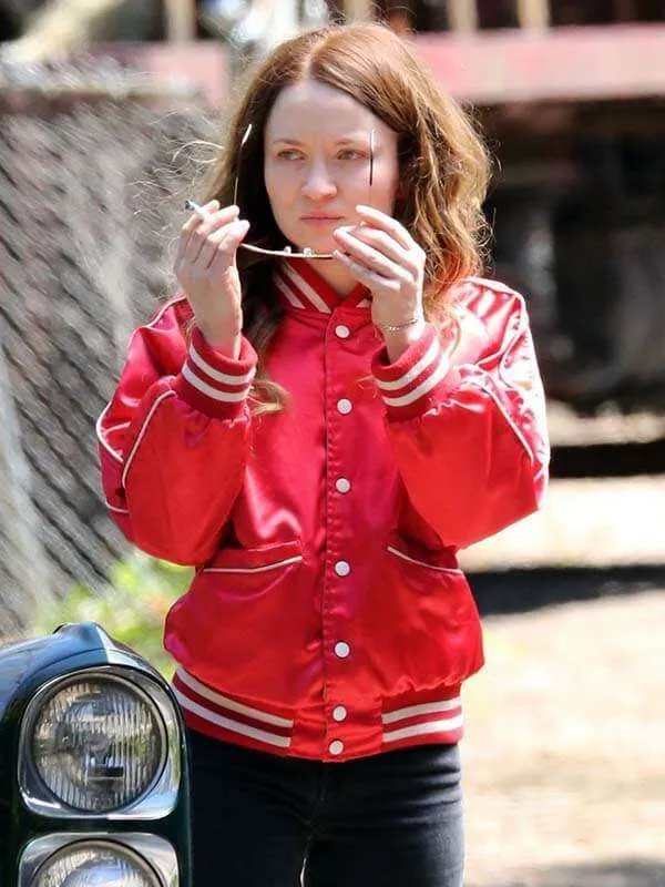 emily-browning-american-gods-red-varsity-jacket-01 Emily Browning American Gods Red Varsity Jacket - Image 1