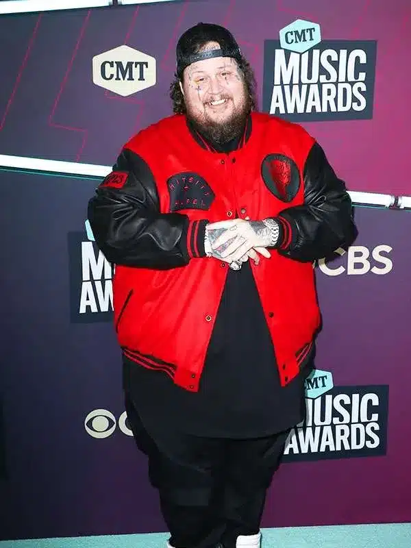 jelly-roll-2023-cmt-music-awards-red-and-black-varsity-jacket-01 Jelly Roll 2023 CMT Music Awards Red and Black Varsity Jacket - Image 1