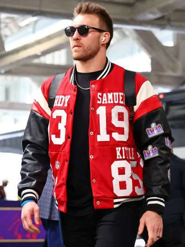 kyle-juszczyk-49ers-super-bowl-2024-red-varsity-jacket-01 Kyle Juszczyk 49ers Super Bowl 2024 Red Varsity Jacket - Image 1