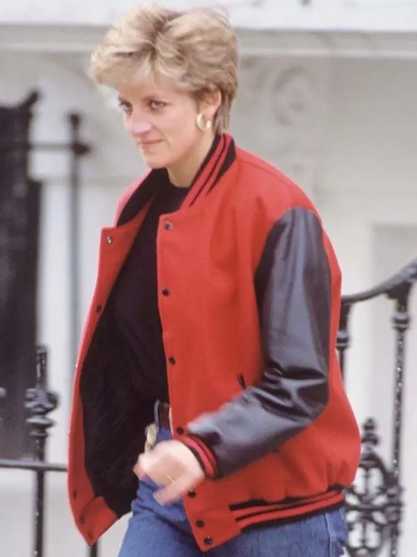 lady-diana-london-street-style-red-varsity-jacket-01 Lady Diana London Street Style Red Varsity Jacket - Image 1