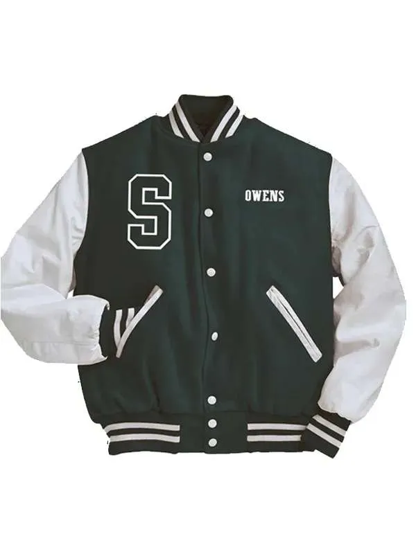 owens-football-green-and-white-varsity-jacket Owens Football Green and White Varsity Jacket - Image 1