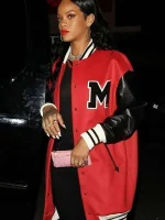 Rihanna Red and White Oversized Varsity Jacket - Image 4