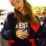Rihanna Streetstyle Red Heart Black Varsity Jacket